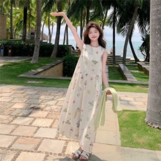 针织开衫碎花无袖背心连衣裙女夏2025新款甜美风海边度假长裙，女装连衣裙，2C093
