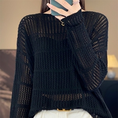 羊范春秋新款圆领镂空精纺羊毛衫女韩版宽松简约上衣纯色百搭长袖，女装针织衫/毛衣，唯若美羊绒