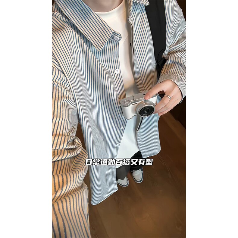 日系复古条纹长袖衬衫男高级感穿搭大码休闲衬衣外套C2251-特价28图片