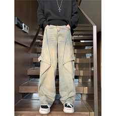 复古水洗黄泥染色拼接牛仔裤N27-P58，男装牛仔裤，星座308B-2