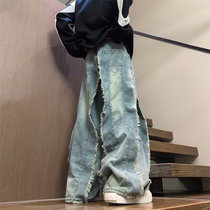 直脚水洗拉链秋季上新美式复古须边设计感牛仔裤潮秋RK3161-P57图片