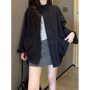 NZ071-100 重工立体倒褶袖2025烟灰色牛仔外套女宽松中长款图片