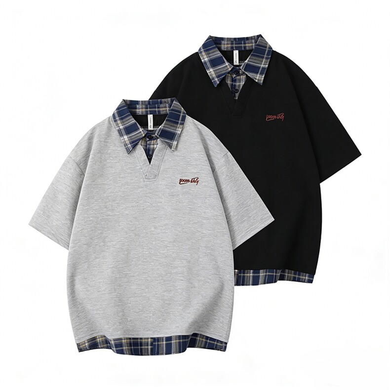 假两件拼接衬衫领卫衣男女美式复古格子上衣学院风情侣短袖T恤，男装T恤，星座703