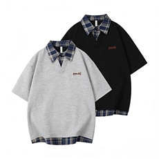 假两件拼接衬衫领卫衣男女美式复古格子上衣学院风情侣短袖T恤，男装T恤，星座703