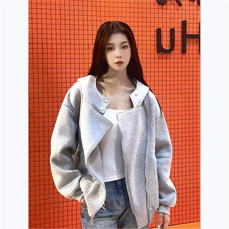 美式慵懒风双拉链连帽卫衣外套女秋季设计感宽松休闲百搭开衫上衣图片