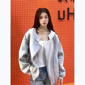 美式慵懒风双拉链连帽卫衣外套女秋季设计感宽松休闲百搭开衫上衣图片