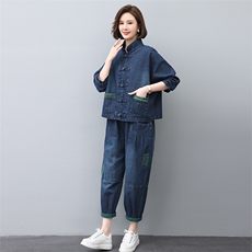 休闲套装牛仔裤妈妈春秋外套2024新款高端洋气中老年女秋装两件套，女装套装/套裙，叶笙衣