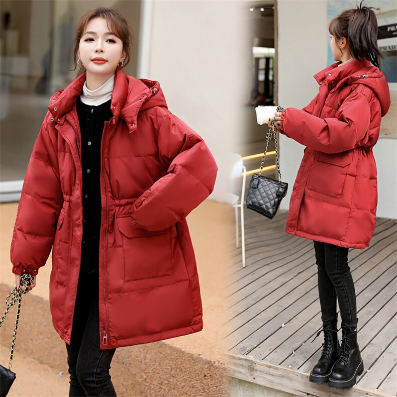 羽绒服女冬季2021新年红圣诞时尚修身过膝冬中长鸭绒品牌外套，女装羽绒服，意芙