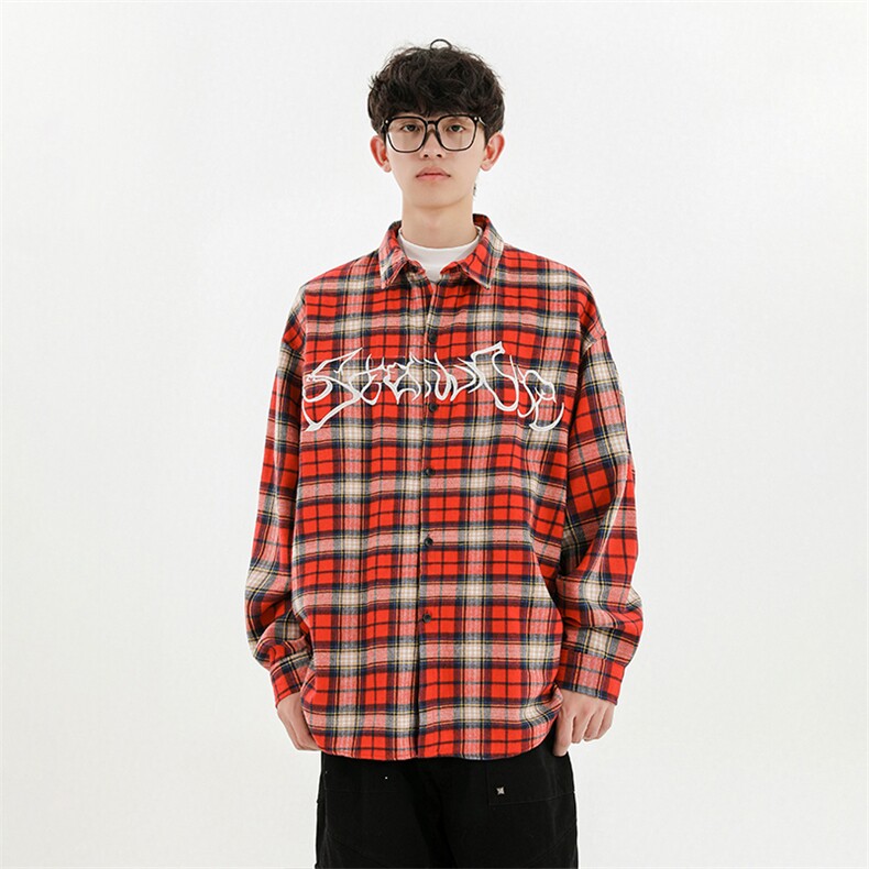 特P40无差价新款秋季潮流格子字母印花长袖衬衫-HC2282无影墙,男装衬衫,电商A003