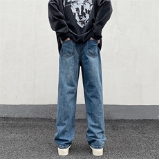 美式高街蓝色牛仔裤男直筒潮牌水洗ins宽松裤XZ211-1-K2313-P55，男装牛仔裤，星座211-1