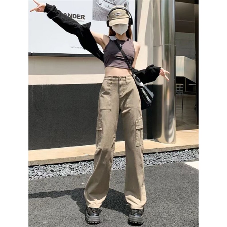 卡其色高腰直筒工装裤女春装2025年新款宽松显瘦休闲阔腿牛仔裤子,男装牛仔裤,星座506A