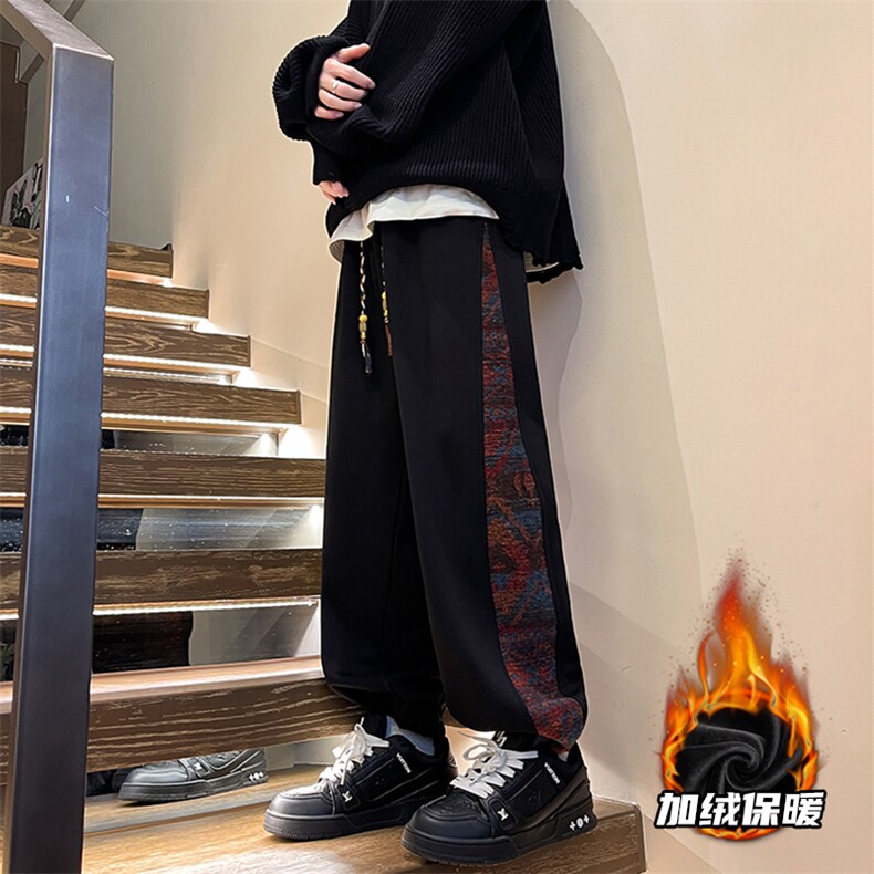 8XL-M民族拼接刺绣束脚卫裤男冬加绒加厚大码运动裤KZ024P45图片