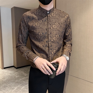 黑 社会小伙店主风提花立领长袖衬衫301A-1/CS503/P55图片