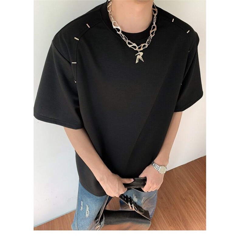 BN0125-P45纯色金属珠设计垫肩短袖男夏季简约高级感百搭小众T恤,男装T恤,电商C233