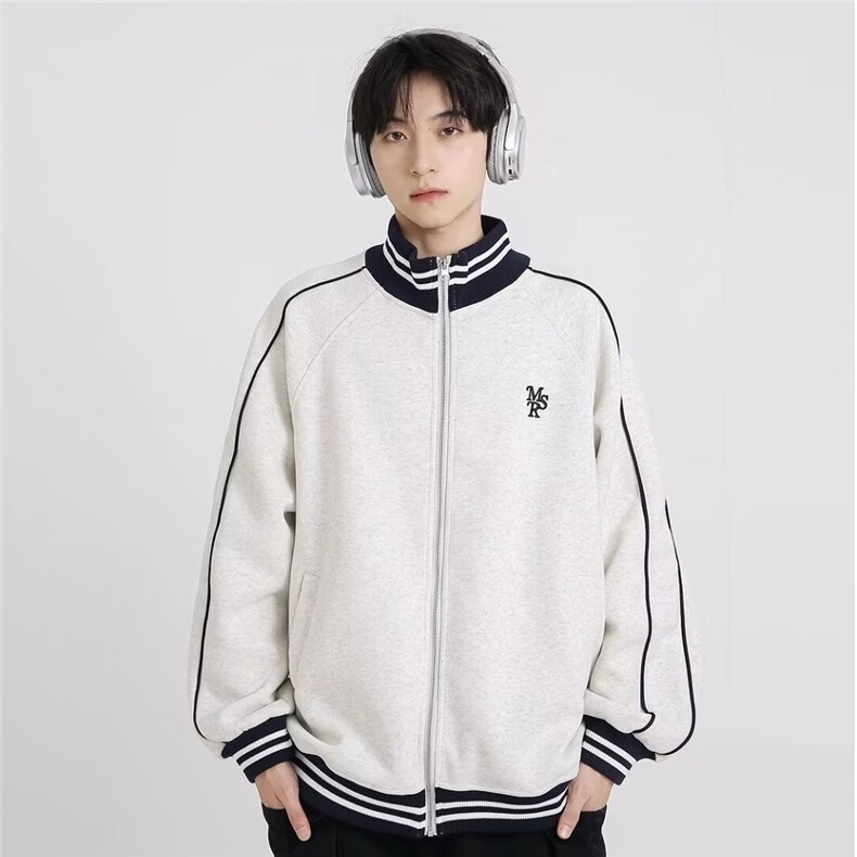 藏蓝色棒球服外套女春秋款美式复古条纹卫衣宽松休闲夹克开衫上衣图片