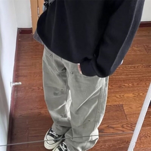 美式复古水洗做旧铆钉褶皱伐木工装裤hiphop炸街裤子男微喇牛仔裤图片