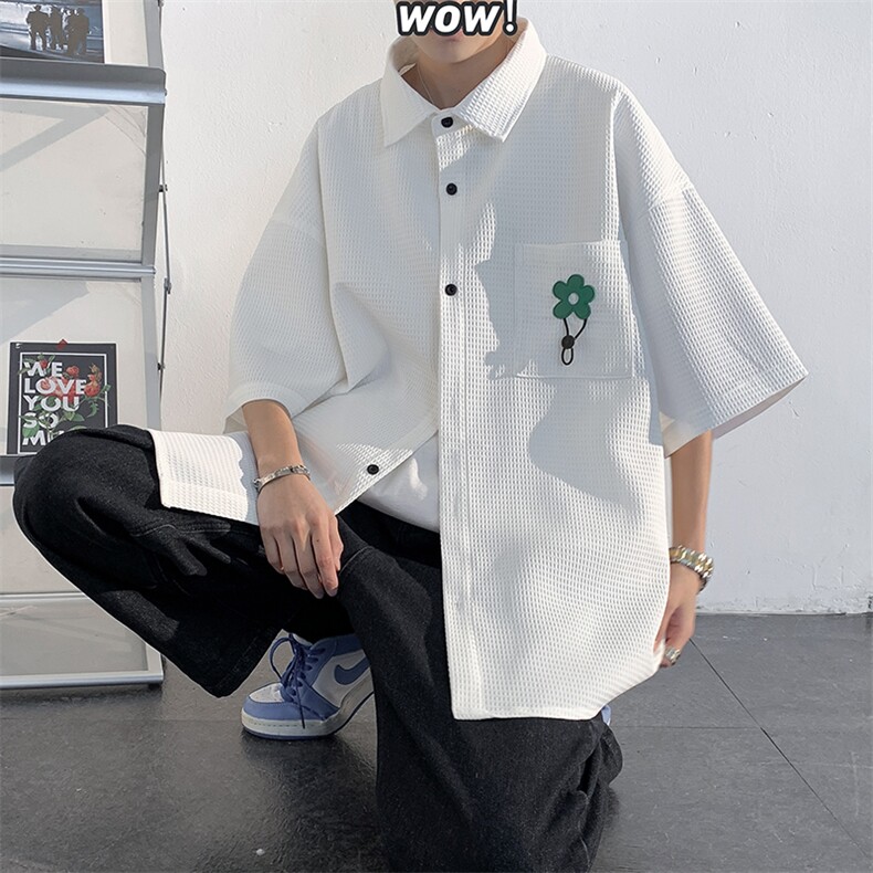 2023夏季口袋装饰大码华夫格设计宽松潮牌短袖衬衫外套C22635-P45,男装衬衫,电商A001