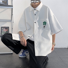 2023夏季口袋装饰大码华夫格设计宽松潮牌短袖衬衫外套C22635-P45，男装衬衫，电商A001
