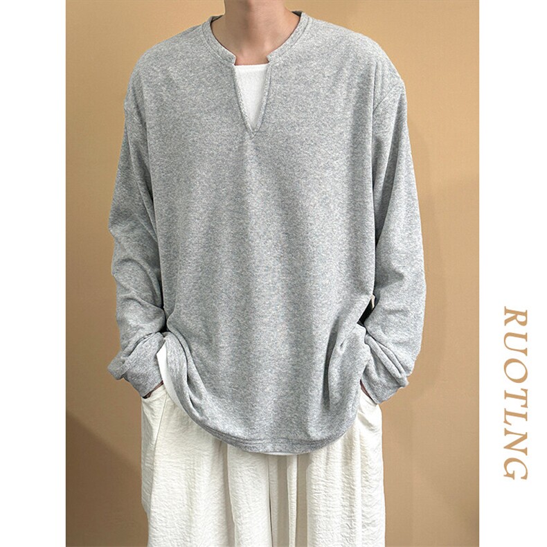 2025秋宽松休闲假两件长袖T恤设计感潮牌V领上衣A351-AT2404-P58，男装T恤，电商A351