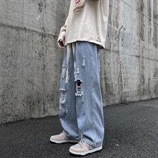 膝盖破洞牛仔裤男直筒ins高街潮牌港风阔脚拖地宽松裤子N0313-P40，男装牛仔裤，星座308B-2