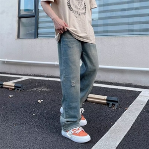 磨毛破洞牛仔裤男美式复古ins潮牌宽松直筒Z8824P40图片