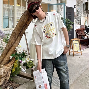 万针全刺绣工艺抖音得物高品质260克重磅纯棉双纱美式高街短袖T恤图片
