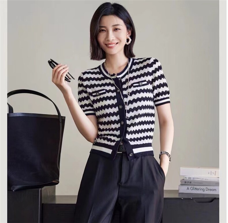 羊毛小香风开衫条纹，女装针织衫/毛衣，天佑贝依