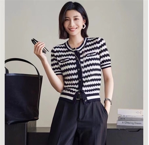 羊毛小香风开衫条纹，女装针织衫/毛衣，天佑贝依