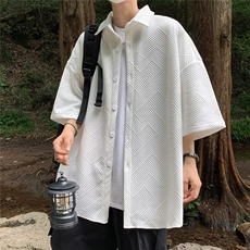 华夫格短袖衬衫男士夏季薄款大码男装日系潮牌宽松休闲白衬衣外套，男装衬衫，星座601-2
