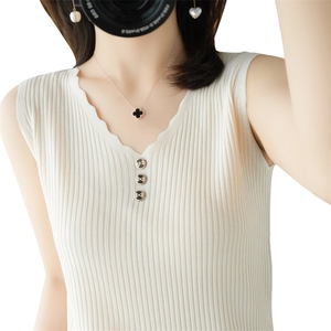 质感100%纯棉V领吊带背心女修身显瘦韩版无袖上衣新款内搭针织衫图片