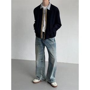 美式复古情侣款拼接格子外套春秋高级感百搭高街痞帅男女夹克上衣图片
