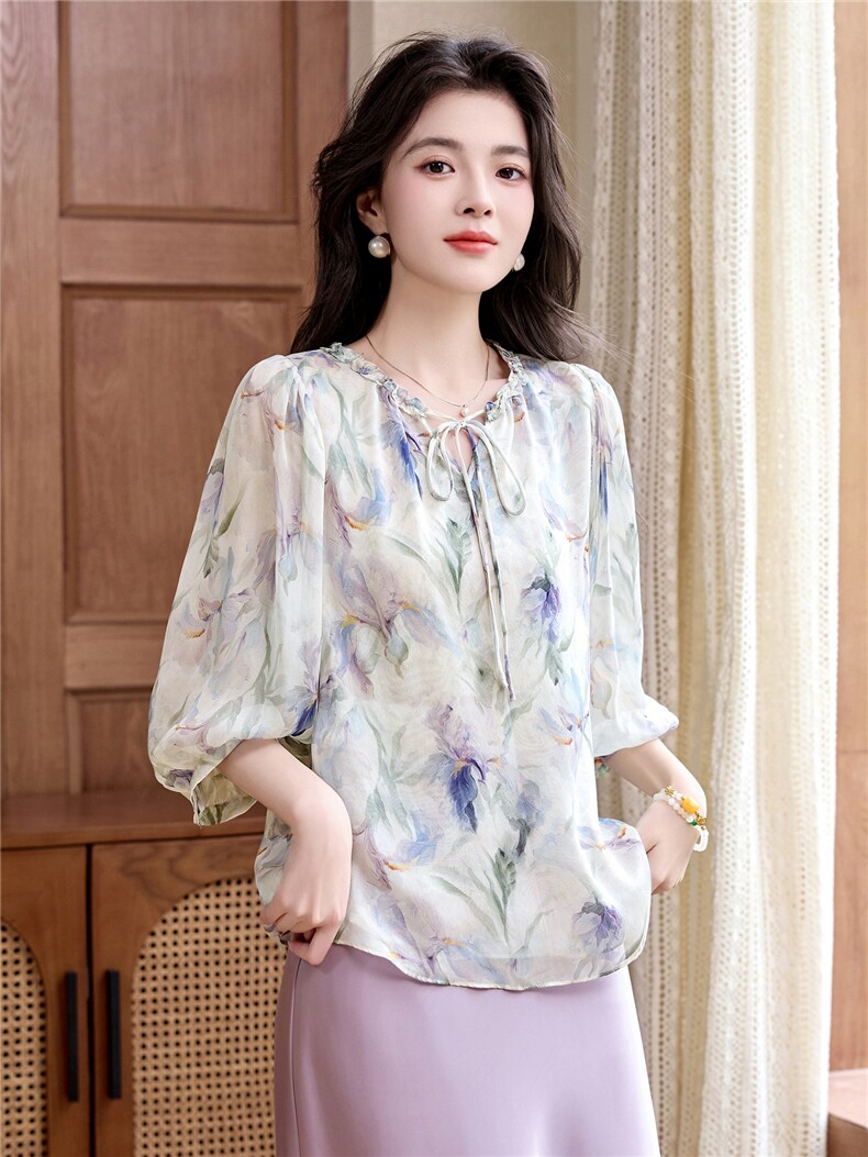 时尚洋气花边领真丝上衣女2025夏装新款七分袖小衫桑蚕丝显瘦衬衣,女装衬衫,阿舍尔精品