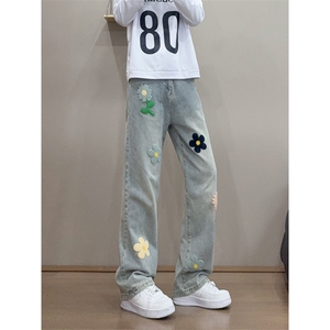 B221 美式ins高街暗黑毛巾绣宽松直筒牛仔裤 LK25497-特P45控89图片