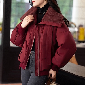 羊羔毛拼接大翻领羽绒服女2024冬新款小个子短款时尚加厚保暖外套图片