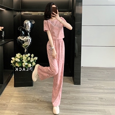 女夏季欧货潮流时尚运动休闲套装粉色扎染短袖上衣阔腿长裤两件套，女装套装/套裙，2C310