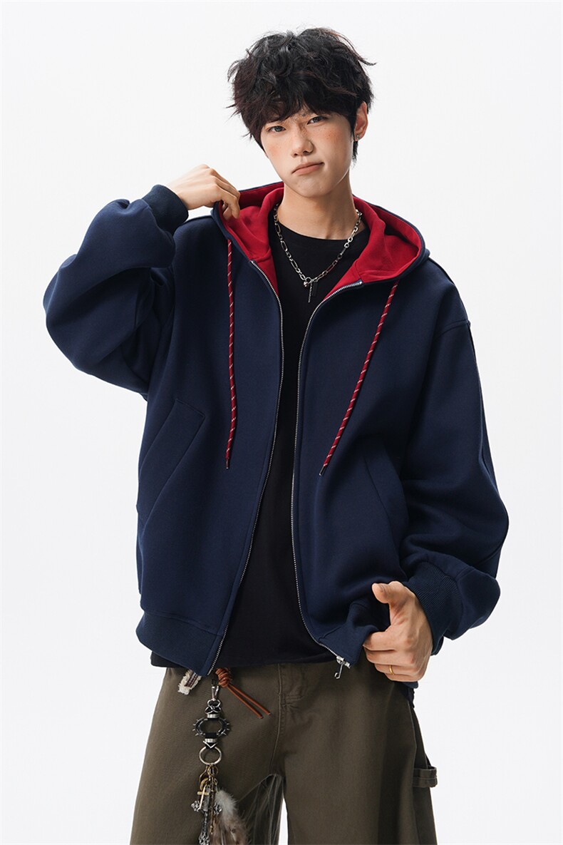 8XL-M秋连帽卫衣男宽松休闲纯色拉链开衫外套拼色帽衫运动WY27P65,女装短外套,电商D206-1