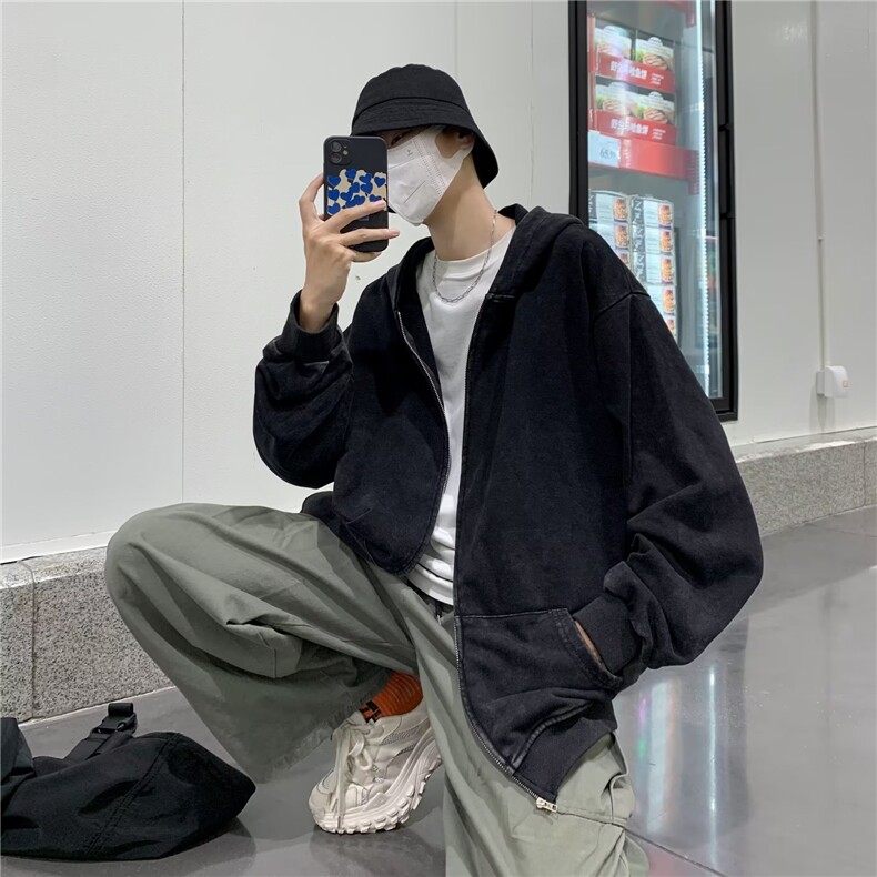 22年新款潮做旧水洗连帽卫衣ins嘻哈暗黑风拉链外套FA14P58,男装卫衣,星座1116-2