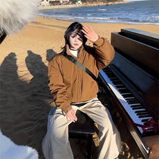 抖音得物美式潮休闲夹克春季立领纯色复古工装加厚棉服外套MF01，男装夹克，电商A443