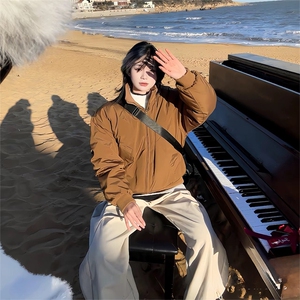 抖音得物美式潮休闲夹克春季立领纯色复古工装加厚棉服外套MF01
