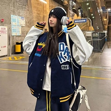 美式复古拼色字母刺绣棒球服情侣夹克春秋宽松百搭设计感外套上衣，男装夹克，星座506A