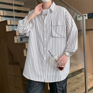C2037/P35现货春季条纹工装短袖衬衣男士宽松衬衫五分袖潮大码男图片
