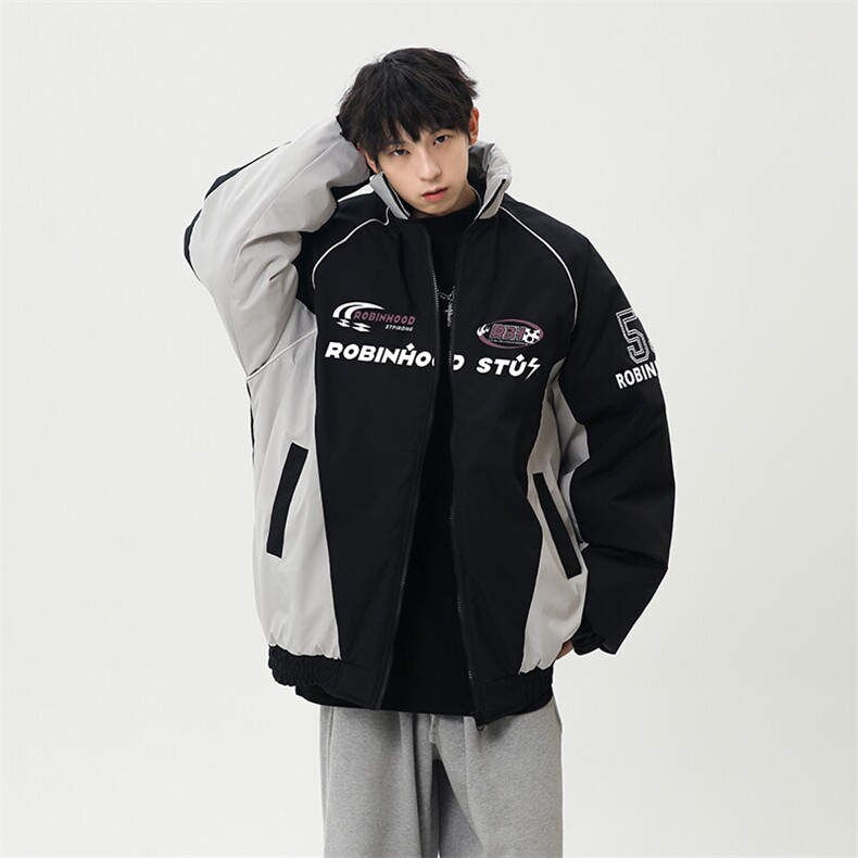 港风美式字母印花拼色立领保暖棉服外套男XZ213-MF08-P90控148，男装棉衣，星座213