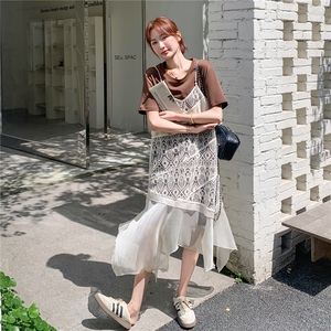 蕾丝吊带连衣裙叠穿T恤裙套装女夏季休闲减龄气质两件套图片