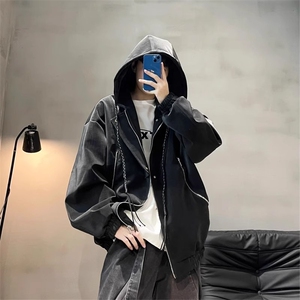 雾面PU皮衣夹克男秋季美式机车服休闲连帽外套 XZ514-2-25100-P78图片