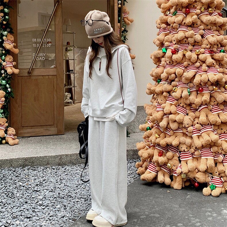 灰色休闲运动套装女2025春秋新款时尚连帽卫衣宽松阔腿裤两件套潮,女装套装/套裙,2C305