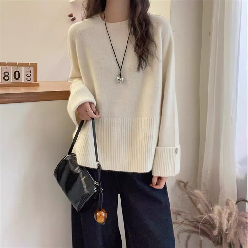 2025羊毛圆领挽袖套头衫舒适百搭简约秋冬新款保暖软糯，女装羊毛衫，莺澜羊绒