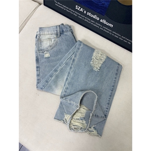 B221 美式ins高街暗黑宽松直筒破洞牛仔裤 LK25502-特P45控78图片