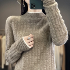 时尚半高领毛衣女2024秋冬新款纯色简约百搭羊毛针织衫，女装羊毛衫，暖圣羊羊绒