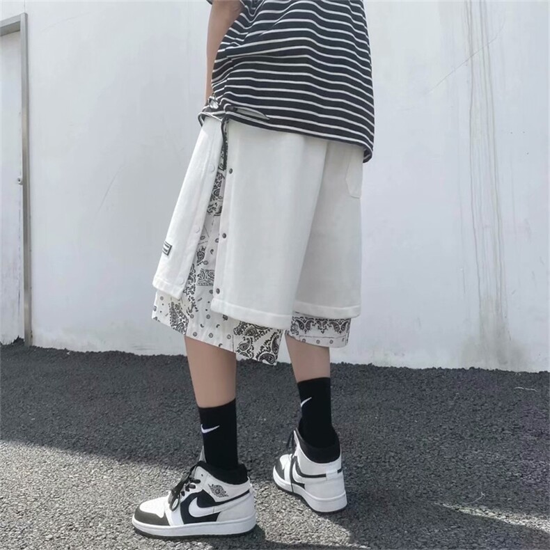 排扣短裤男腰果花拼接宽松潮牌潮流假两件休闲五分中裤子DJ21-p28,男装休闲裤,星座1008-1