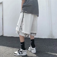 排扣短裤男腰果花拼接宽松潮牌潮流假两件休闲五分中裤子DJ21-p28，男装休闲裤，星座1008-1